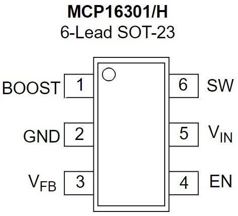 Regulátory spínacího napětí 2-15V to 230V Input, 0.6A Output, EMI Friendly Synchronous Step-Down Converter SOT-23-6 -40 to 125 MCP16301T-E/CH napěťový regulátory napětí