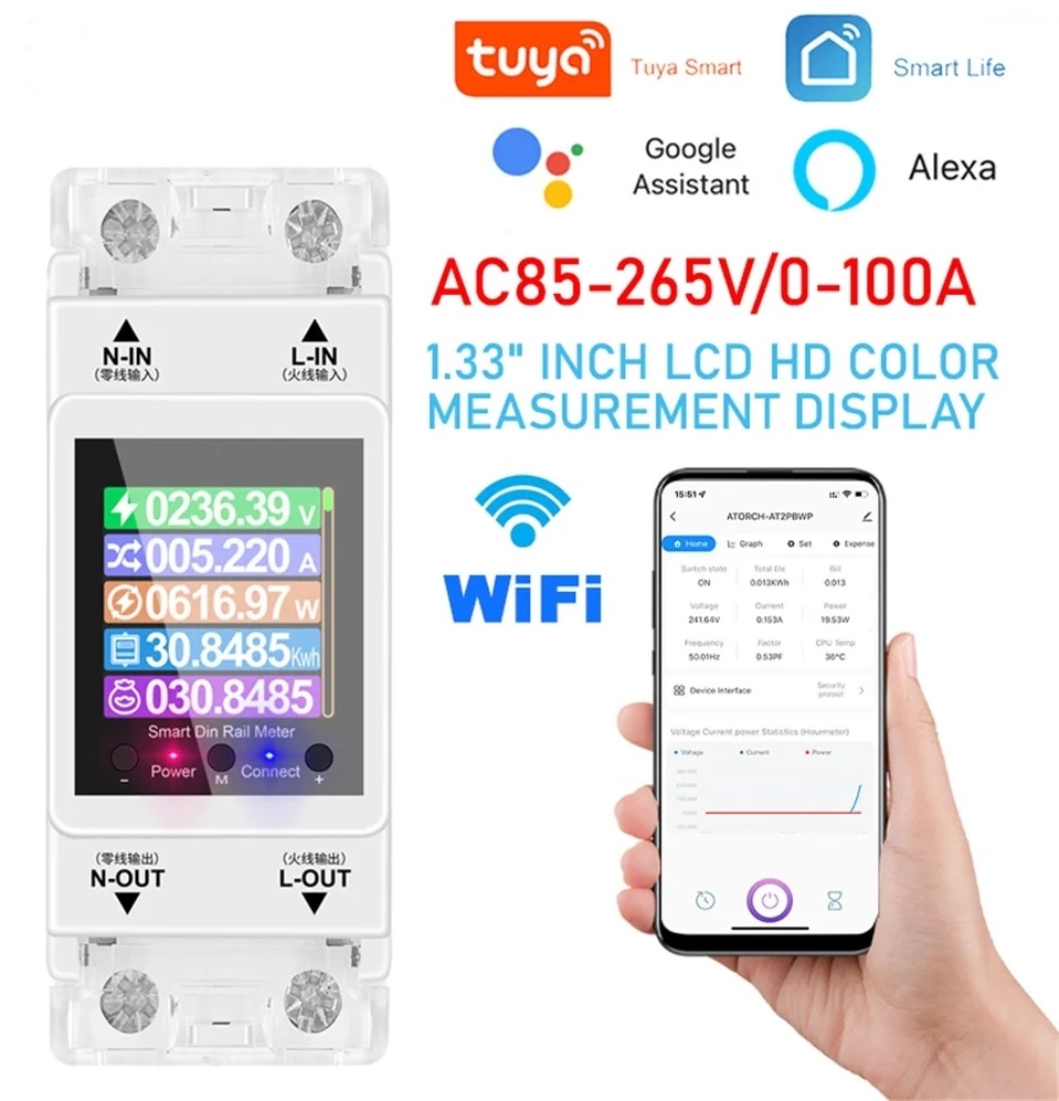 AT2P Tuya WIFI Chytrý Vypínač a Měřič Energie AC 220V 100A, briv