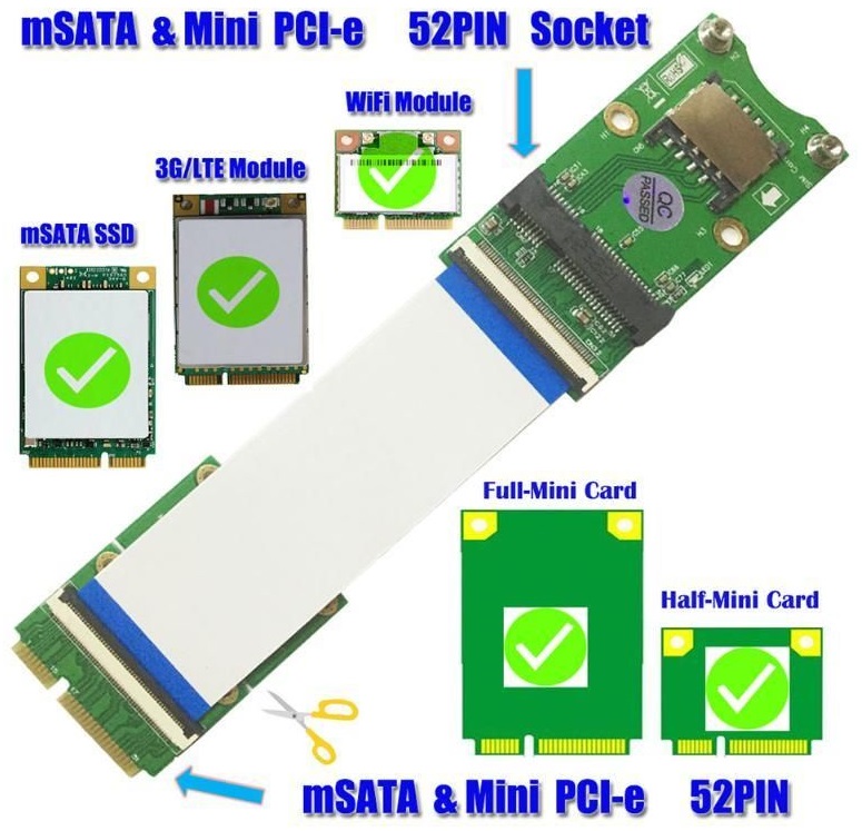 Mini PCI-E X mSATA Flexible Extender Cable with SIM 8 Pin Card Slot