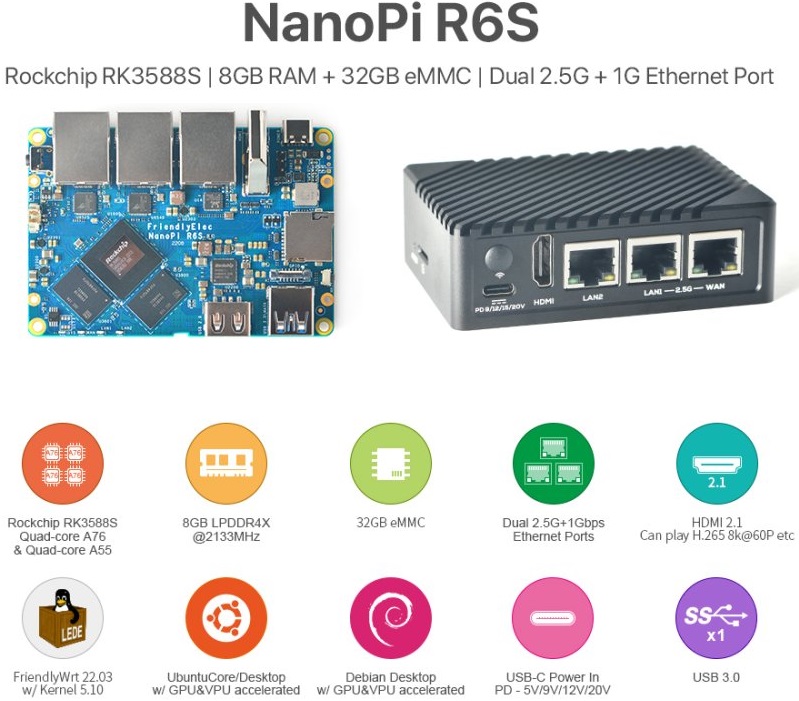 NanoPi R6S 8GB RAM, 64GB eMMC - Vysoce výkonný mini-router, briv