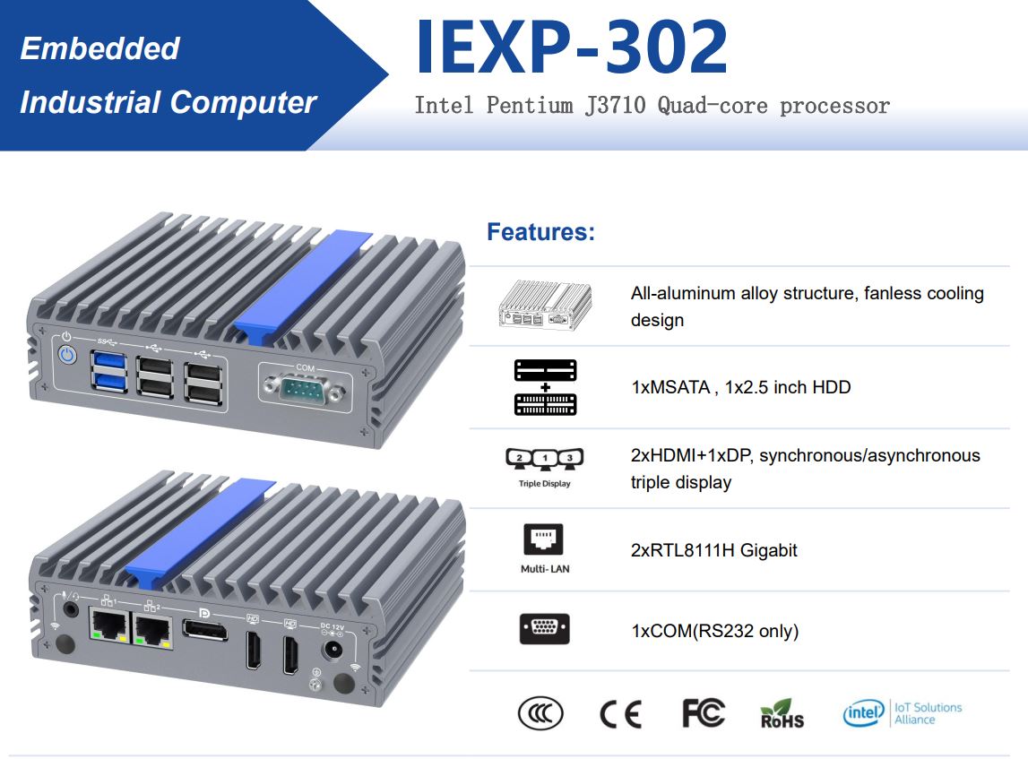 IEXP-302, J3710 průmyslové mini PC, bezventilátorové, 12V, Barebone, briv