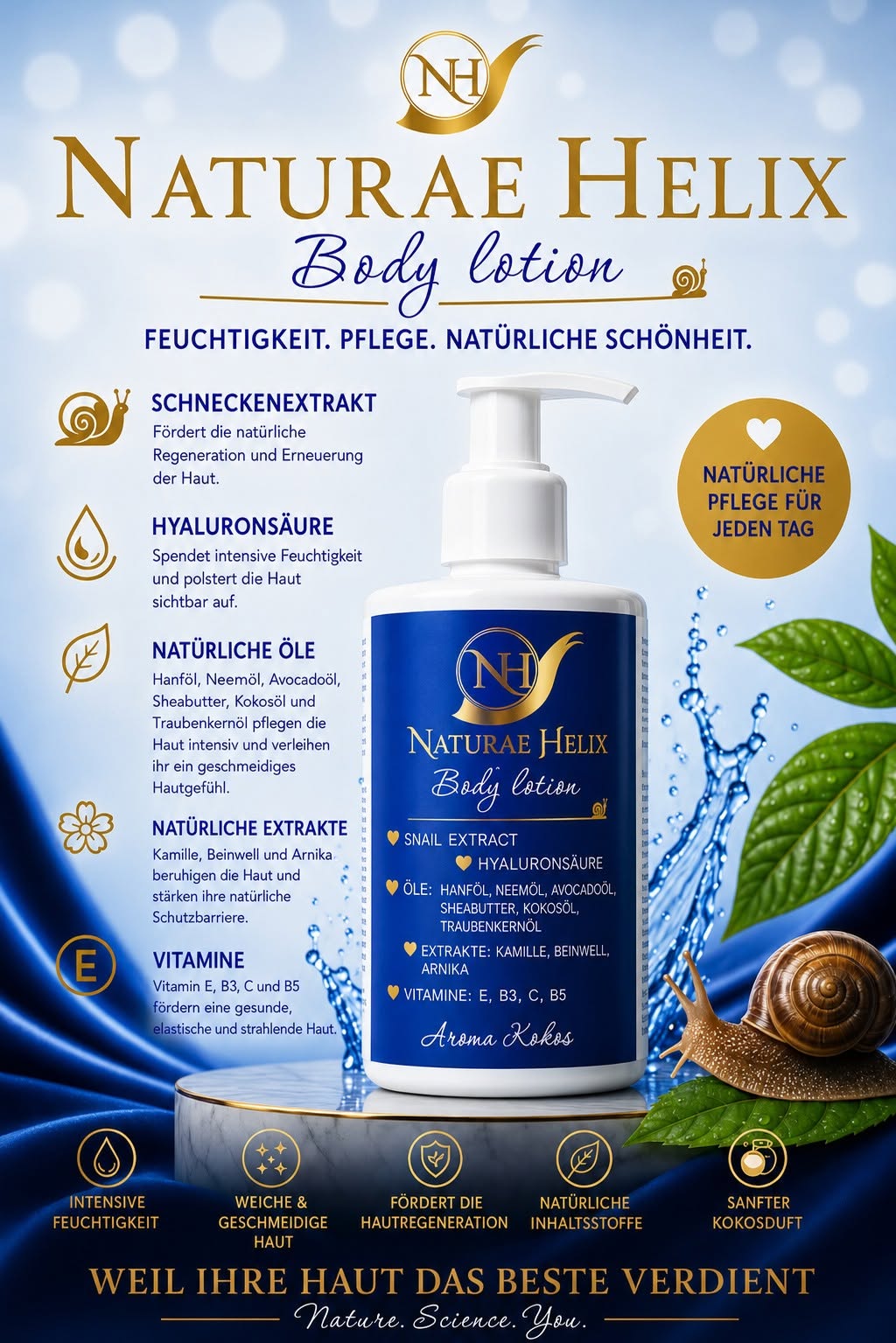 Naturae Helix feuchtigkeitsspendende Body Lotion mit Schneckenextrakt, Hyaluronsäure, natürlichen Ölen und Vitaminen für intensive Feuchtigkeit, Hautpflege und Regeneration mit sanftem Kokosduft