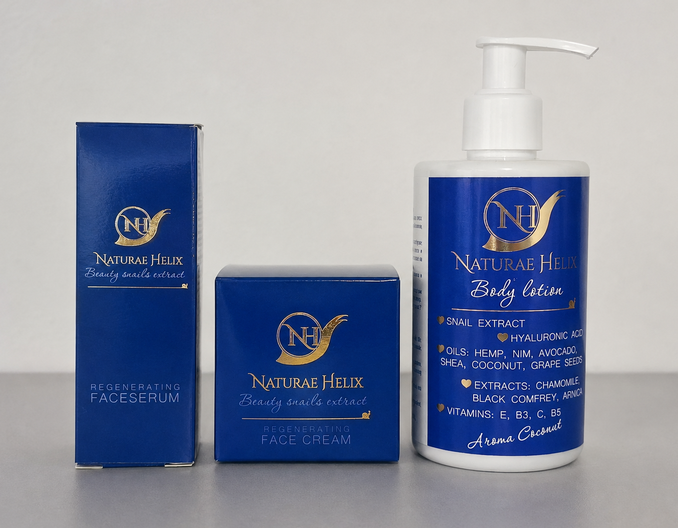 Naturae Helix Hautpflegeset mit Schneckenextrakt, Gesichtsserum, Gesichtscreme und feuchtigkeitsspendender Body Lotion mit Hyaluronsäure