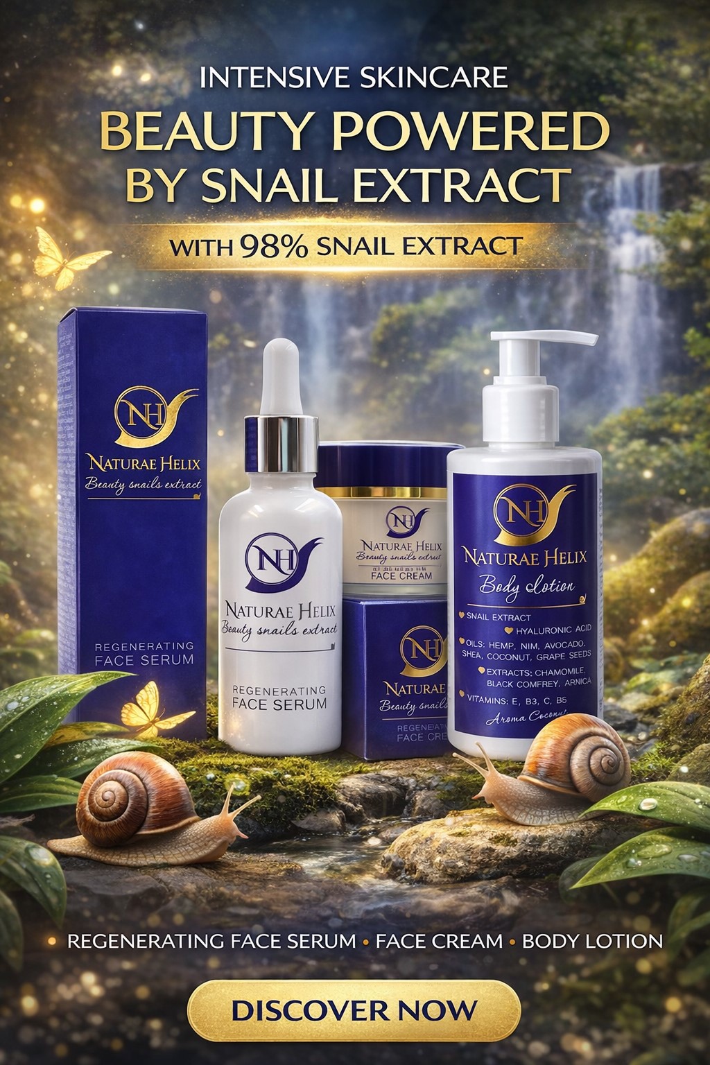 Naturae Helix snail mucin skincare set with 98% snail extract including regenerating face serum, face cream and body lotion for anti-aging, hydration and skin regeneration