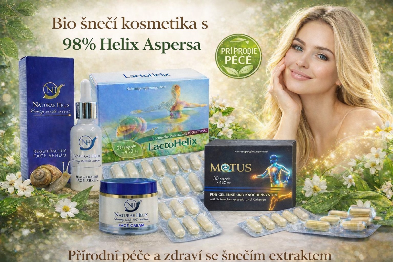 Bio kosmetika se šnečím slizem Helix Aspersa obsahující pleťový krém, regenerační sérum a doplňky stravy – probiotika a kapsle na klouby pro přirozenou regeneraci, hydrataci a zdraví