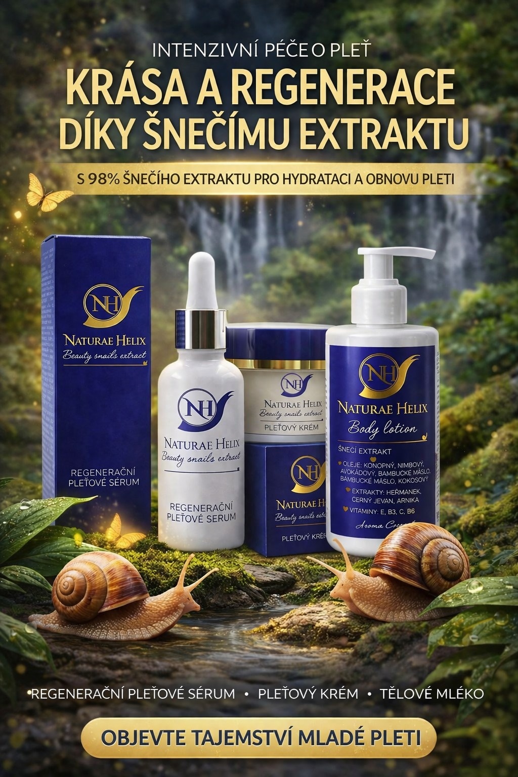 Šnečí pleťová kosmetika Naturae Helix s 98% šnečího extraktu pro hydrataci, regeneraci a omlazení pleti