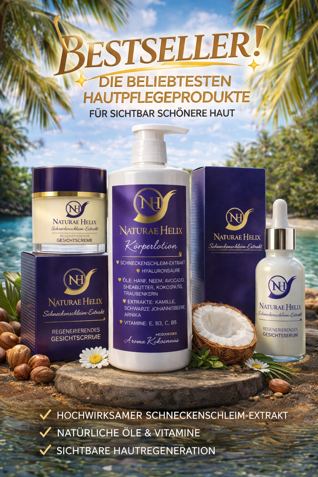 Bestseller Schneckenschleim Hautpflege Set – Anti-Aging Serum, Feuchtigkeitscreme & Körperlotion für sichtbar jüngere, strahlende und regenerierte Haut Bestseller Luxus Hautpflege Set mit Schneckenschleim-Extrakt von Naturae Helix bestehend aus regenerierender Gesichtscreme, Anti-Aging Serum und feuchtigkeitsspendender Körperlotion mit Hyaluronsäure, natürlichen Ölen und Vitaminen für sichtbar glattere, strahlende und jugendliche Haut