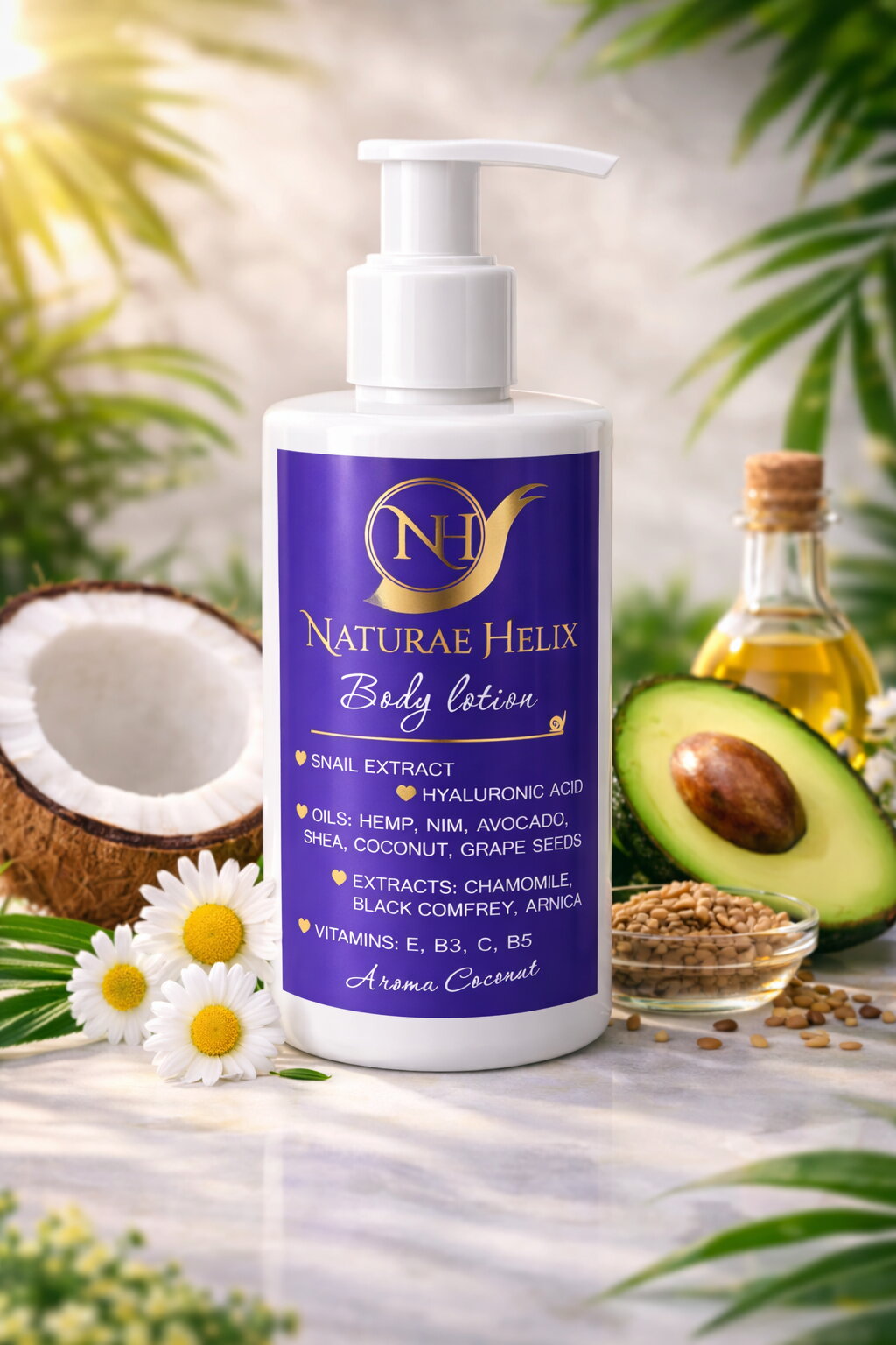 Naturae Helix Body Lotion mit Schneckenschleim und Hyaluronsäure – intensive Feuchtigkeitspflege mit natürlichen Ölen wie Avocado, Kokos und Hanf für straffe, glatte und regenerierte Haut, Anti-Aging Effekt und natürliche Schönheit