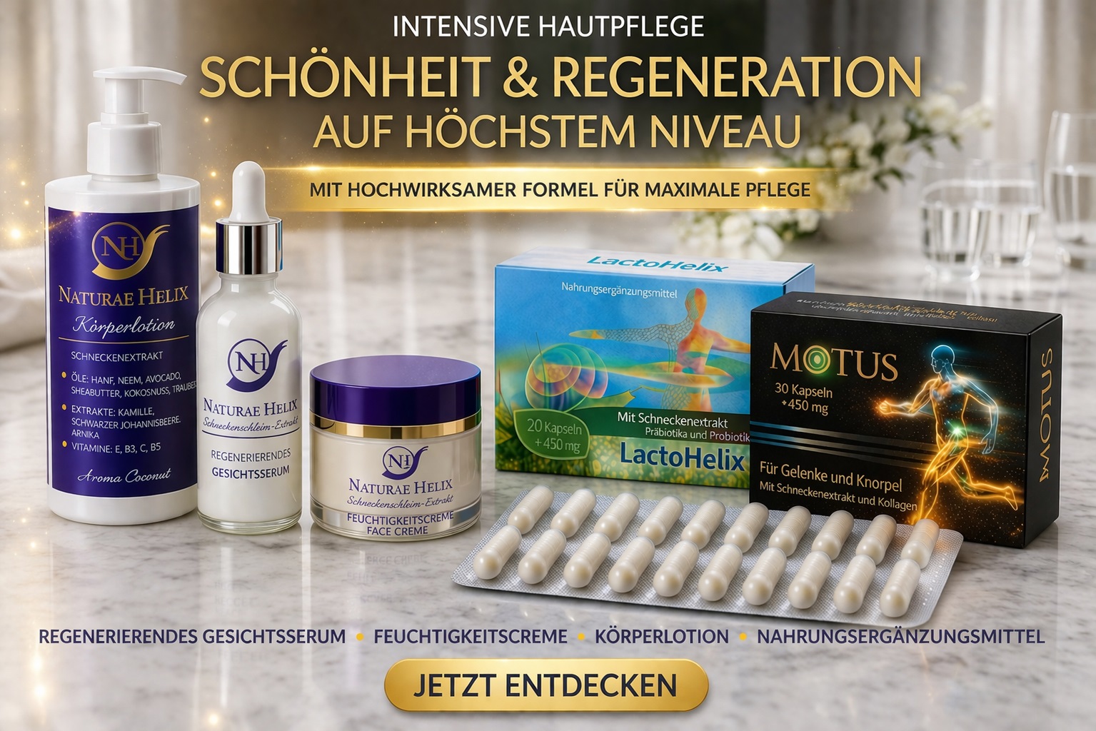 Luxuriöses Naturae Helix Hautpflege Set mit regenerierendem Gesichtsserum, Feuchtigkeitscreme, Körperlotion sowie LactoHelix und Motus Kapseln – ganzheitliche Anti-Aging Pflege für strahlende Haut, Regeneration, Vitalität und Wohlbefinden