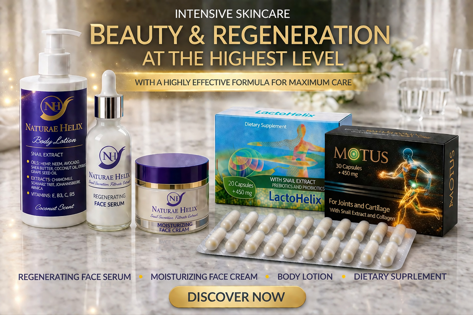 Premium 98% snail mucin skincare and supplement set by Naturae Helix including anti-aging regenerating face serum, moisturizing face cream, hydrating body lotion and collagen capsules for skin repair, joint support, deep hydration and radiant youthful glow