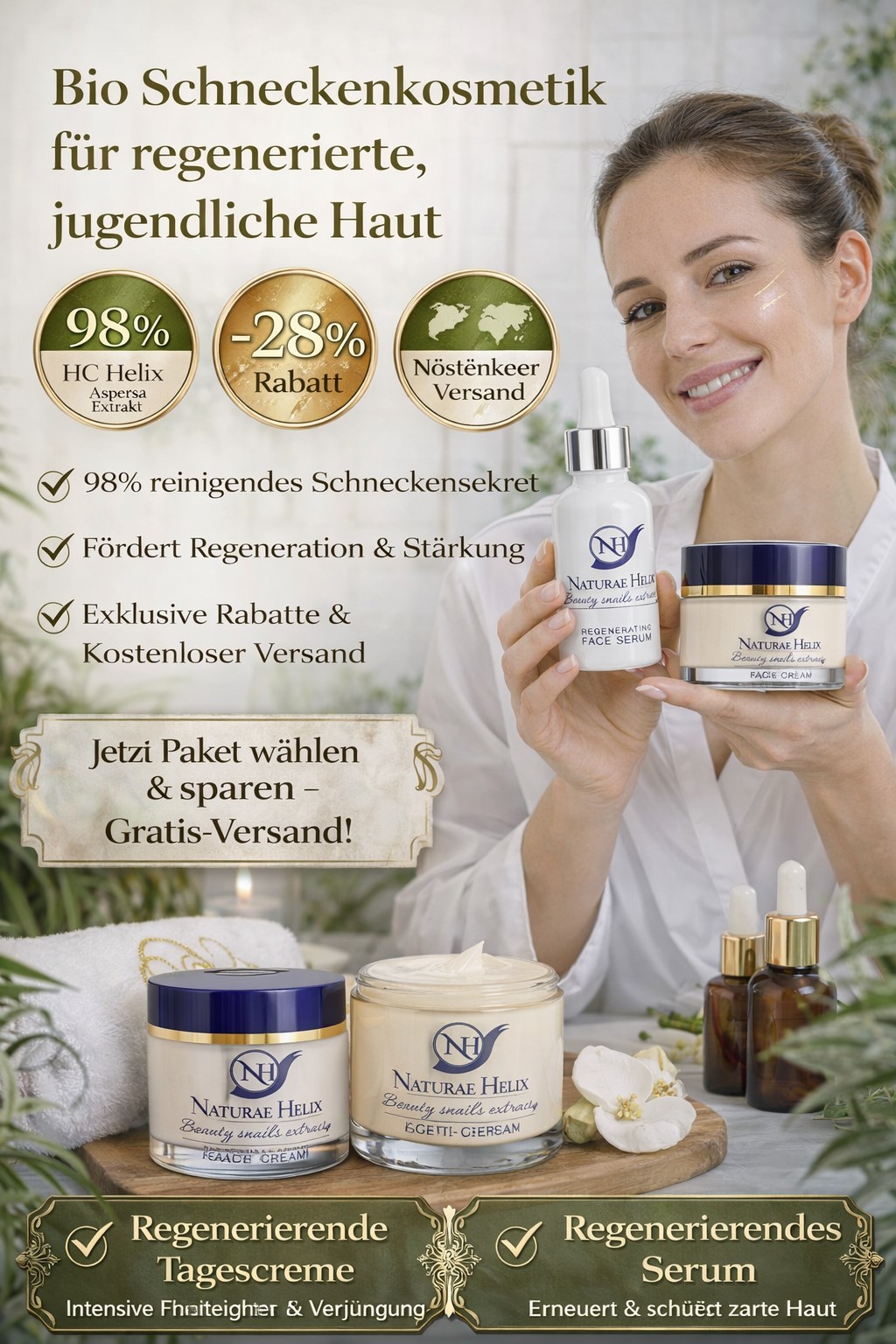 Naturae Helix Schneckenkosmetik mit 98% Helix Aspersa – regenerierendes Face Serum und Gesichtscreme für natürliche Hautpflege, Hautregeneration und jugendliche Haut