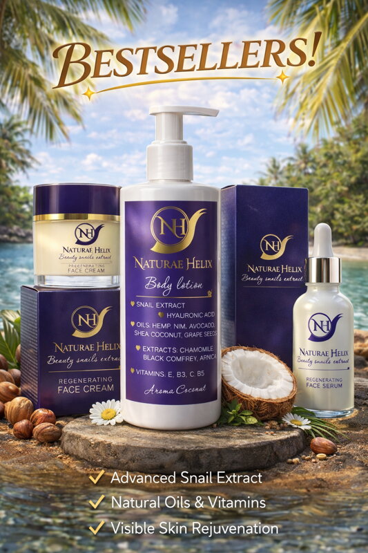 Nature Helix Beauty Snail Extract – bestseller regenerační kosmetiky se šnečím extraktem. Pleťové sérum, pleťový krém a tělové mléko s kyselinou hyaluronovou, vitamíny a přírodními oleji pro hydrataci, regeneraci a anti-age péči o pleť