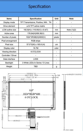 8" TFT, 1024x600, LVDS, 40pin displej